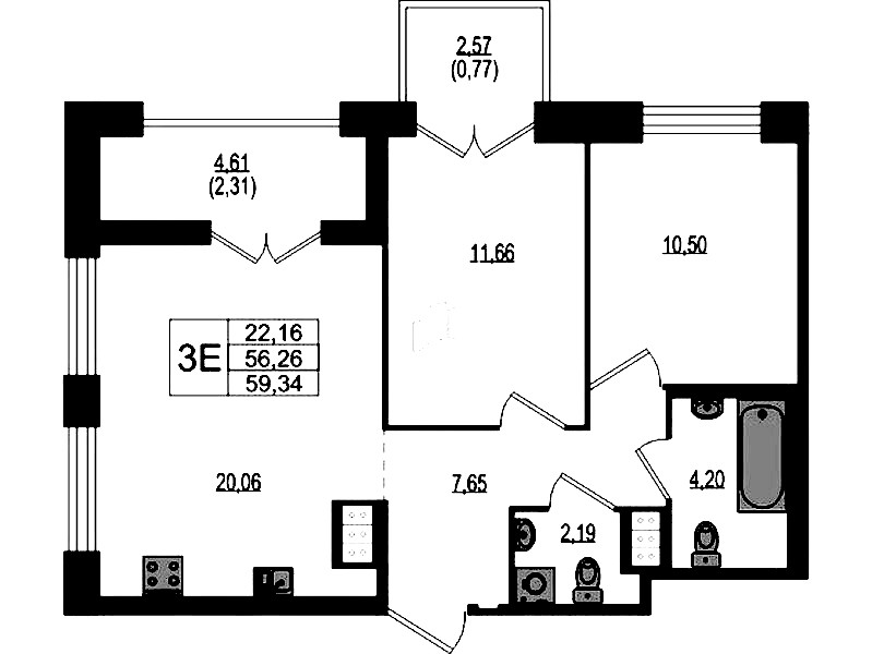 2-комнатная квартира 59.34 м², 3/4 эт., ЖК «Ranta Residence»